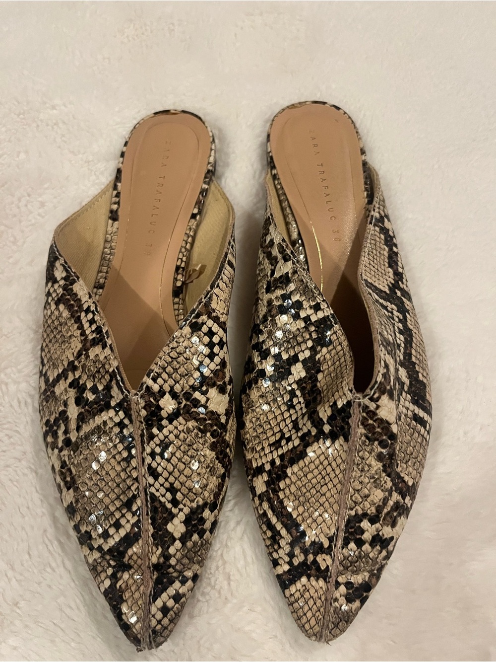 Zara Snake-Print Pointed Mules in Tan and Black size 8